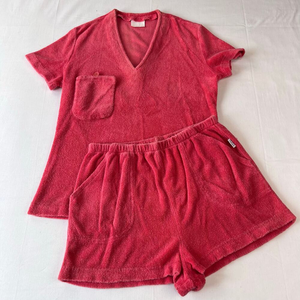 John Kloss Vintage Terry Cloth Women's Shorts V-neck Top Beach Outfit SZ Small